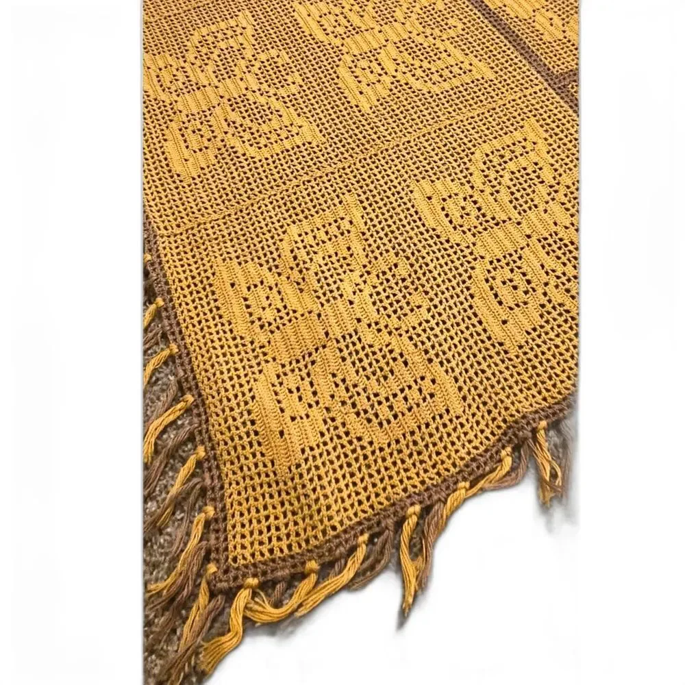 Vintage Hand Crocheted Gold Brown Floral Butterfly Twin Bedspread 85x90